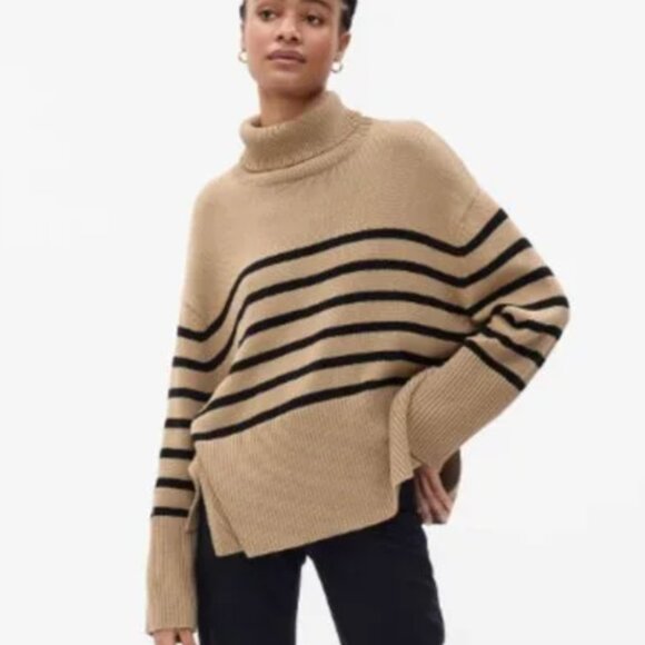 GAP 24/7 Split Hem Stripe Oversized Turtleneck Sweater in Camel Tan Stripe S $80 - Picture 1 of 9